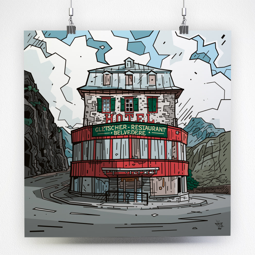 Furka Pass, illustration Swiss alpine pass Hôtel Belvédère, fine art print — Eric Blanchot, 2021