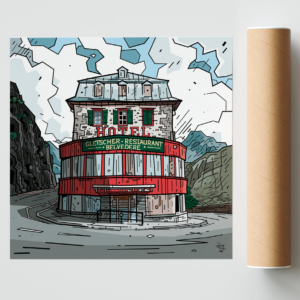 Furka Pass, illustration Swiss alpine pass Hôtel Belvédère, fine art print — Eric Blanchot, 2021