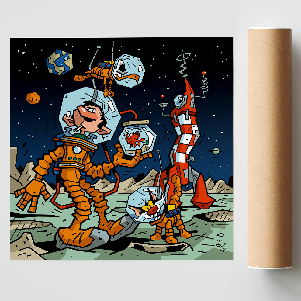 Gaston & Co, illustration Tintin and Gaston Lagaffe space adventure, fine art print — Eric Blanchot, 2021
