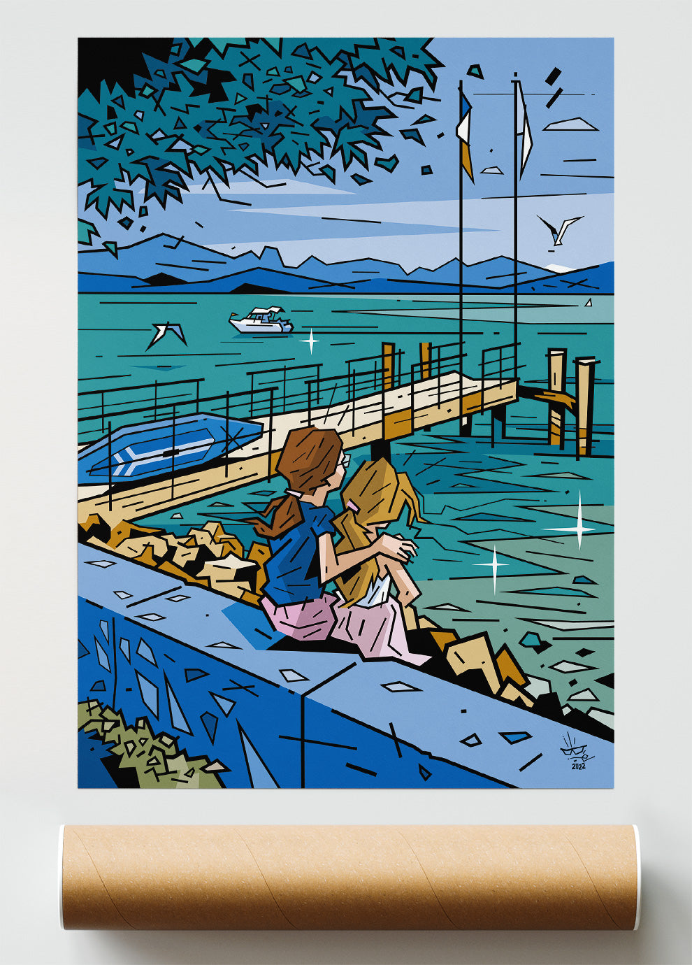 Le Léman, illustration Lake Geneva Évian-les-Bains alpine landscape, fine art print — Eric Blanchot, 2022