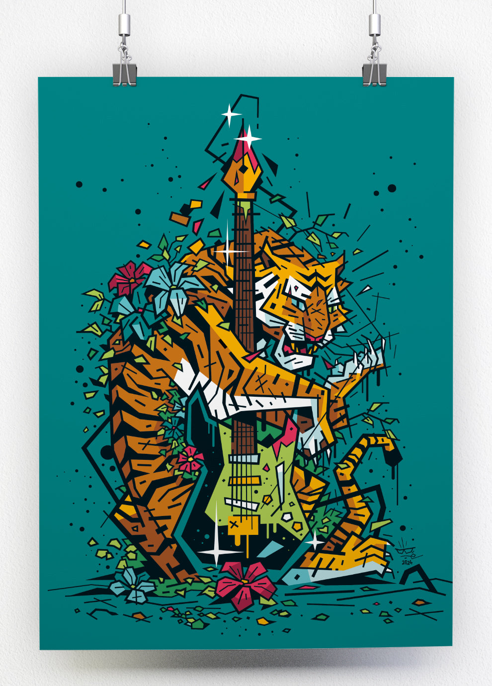 Tiger Line Art, illustration tiger electric guitar rock, fine art print — Eric Blanchot, 2024