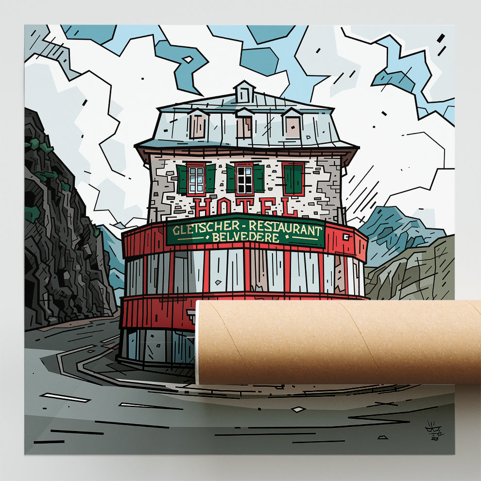 Furka Pass, illustration Swiss alpine pass Hôtel Belvédère, fine art print — Eric Blanchot, 2021
