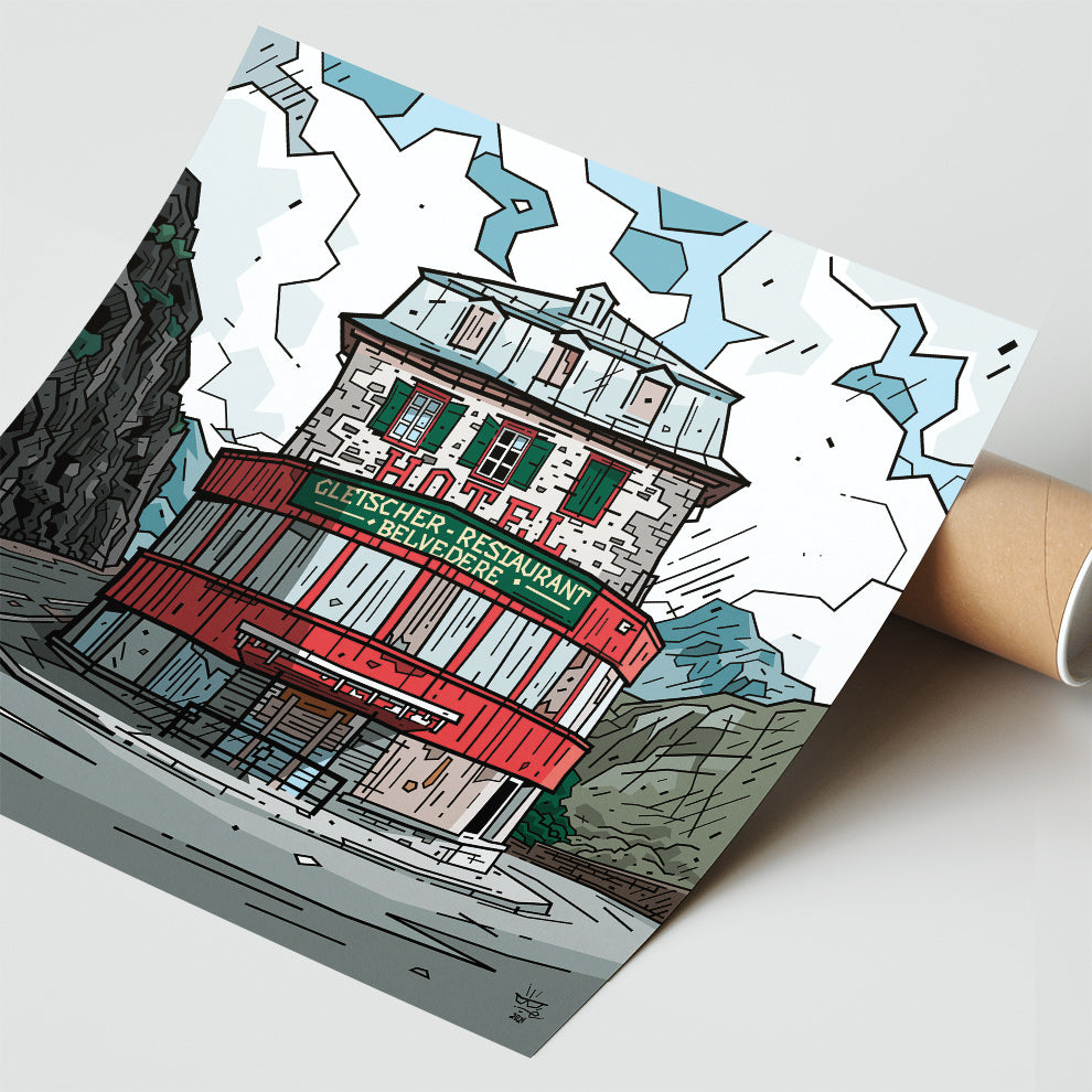Furka Pass, illustration Swiss alpine pass Hôtel Belvédère, fine art print — Eric Blanchot, 2021