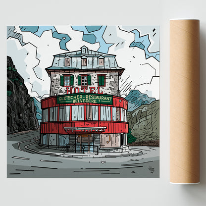 Furka Pass, illustration Swiss alpine pass Hôtel Belvédère, fine art print — Eric Blanchot, 2021