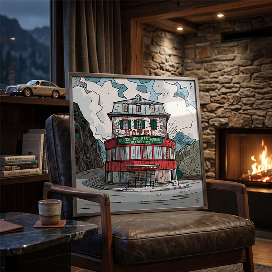 Furka Pass, illustration Swiss alpine pass Hôtel Belvédère, fine art print framed display - Eric Blanchot, 2021