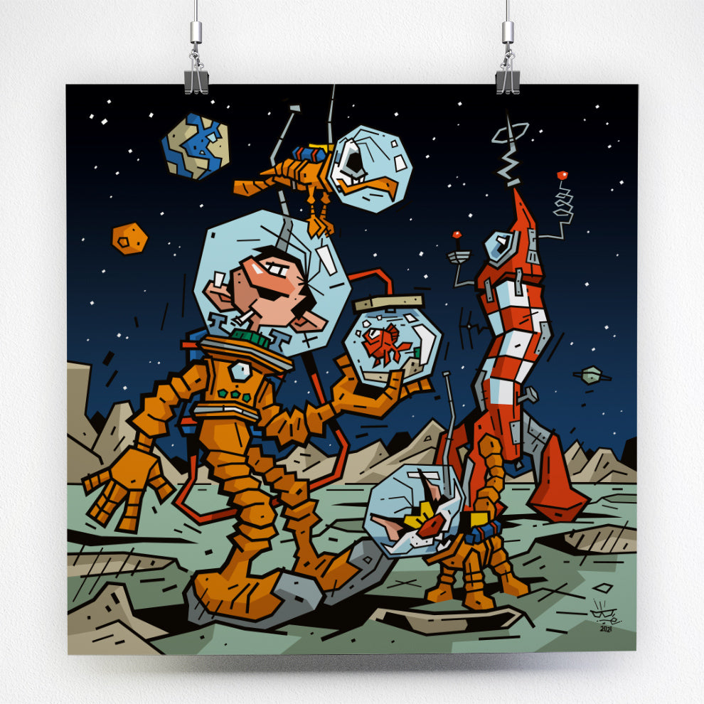 Gaston & Co, illustration Tintin and Gaston Lagaffe space adventure, fine art print — Eric Blanchot, 2021