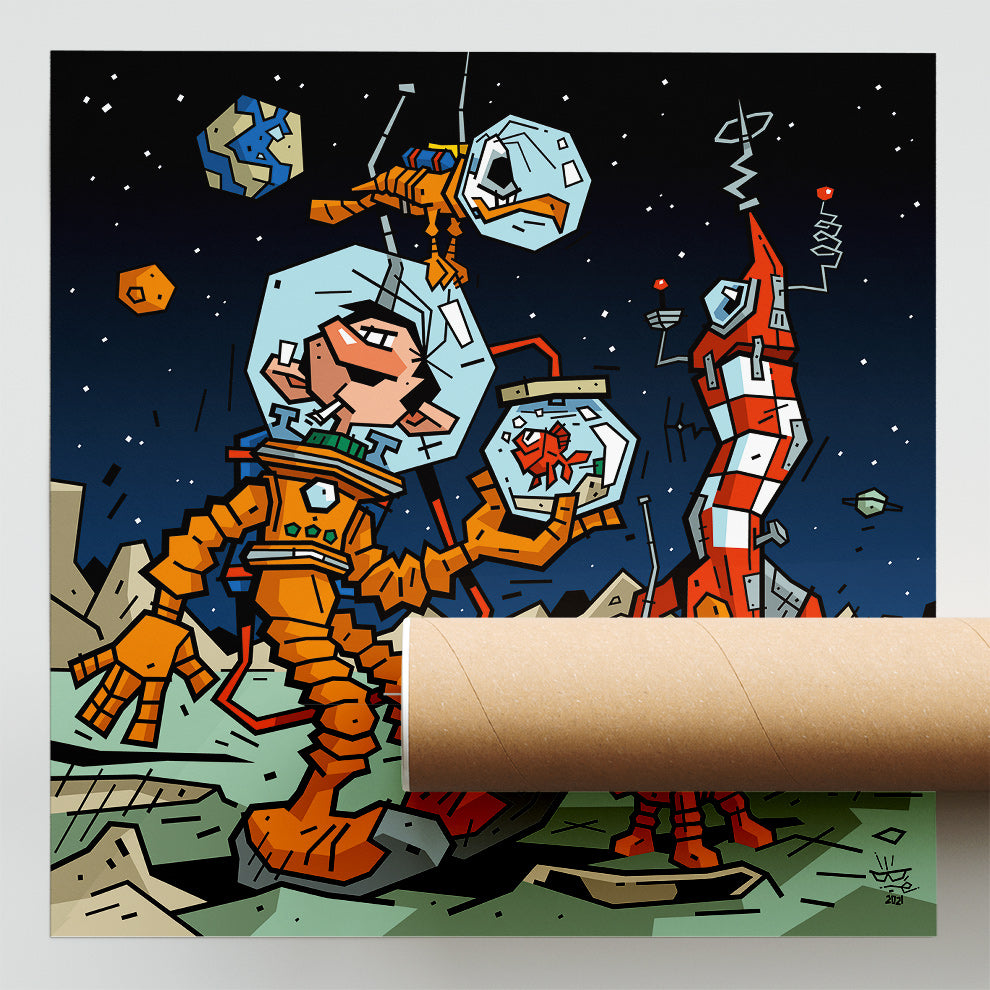 Gaston & Co, illustration Tintin and Gaston Lagaffe space adventure, fine art print — Eric Blanchot, 2021