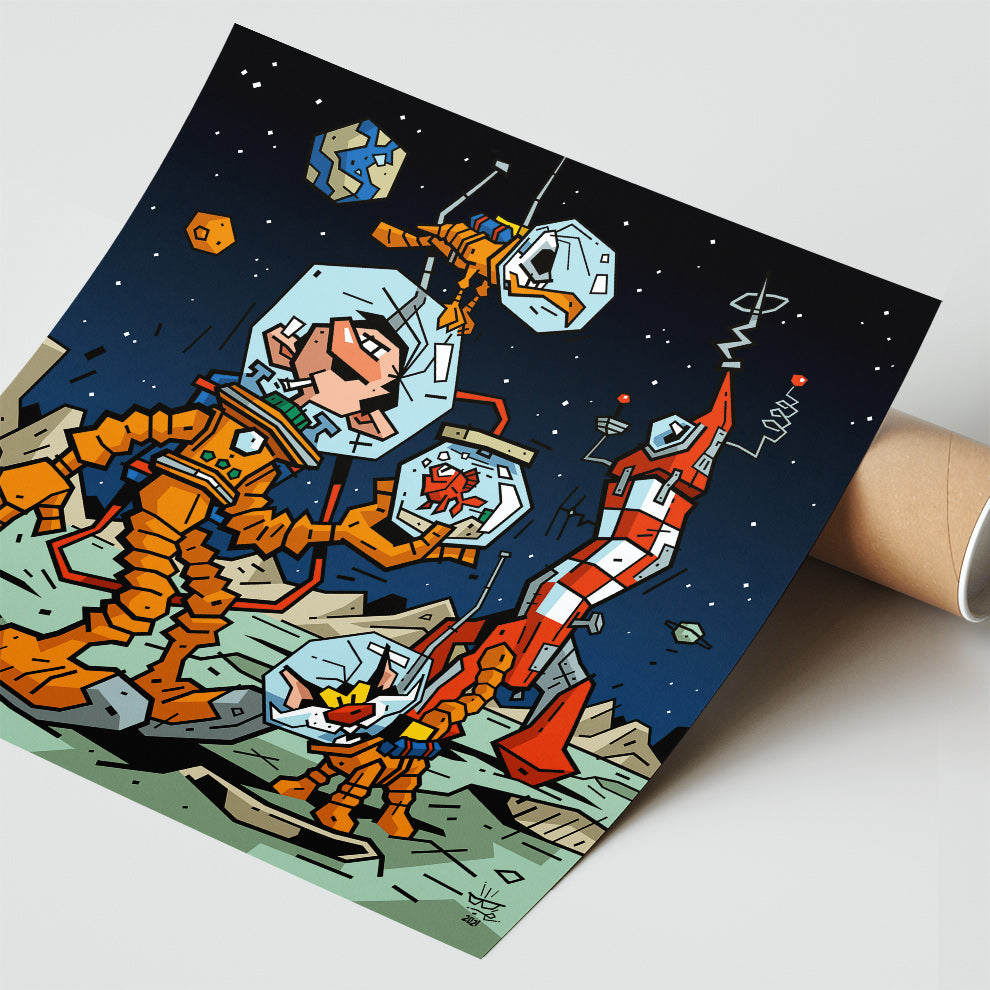 Gaston & Co, illustration Tintin and Gaston Lagaffe space adventure, fine art print — Eric Blanchot, 2021