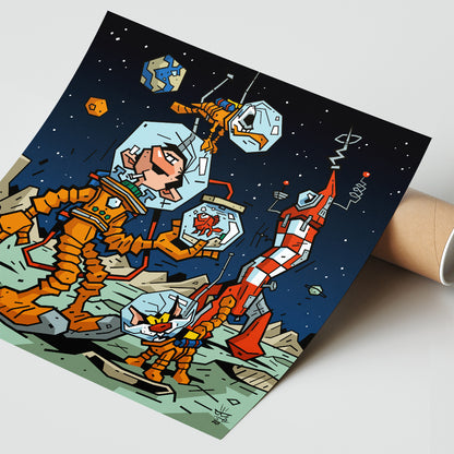 Gaston & Co, illustration Tintin and Gaston Lagaffe space adventure, fine art print — Eric Blanchot, 2021