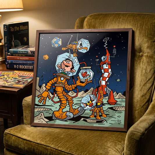Gaston & Co, illustration Tintin and Gaston Lagaffe space adventure, fine art print framed display - Eric Blanchot, 2021