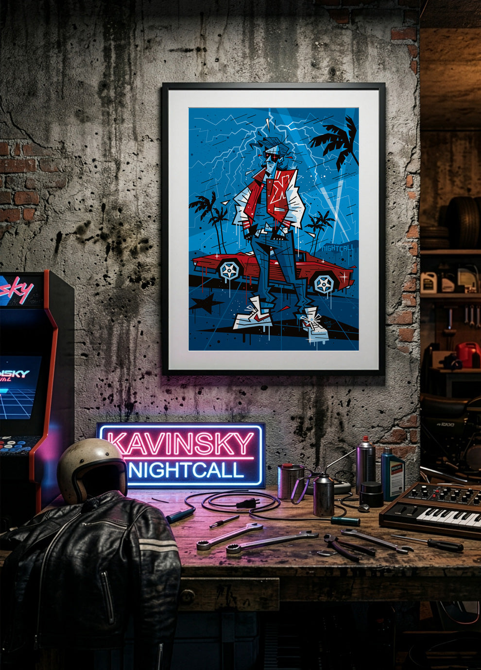 Kavinsky, illustration Nightcall, fine art print framed display — Eric Blanchot, 2026