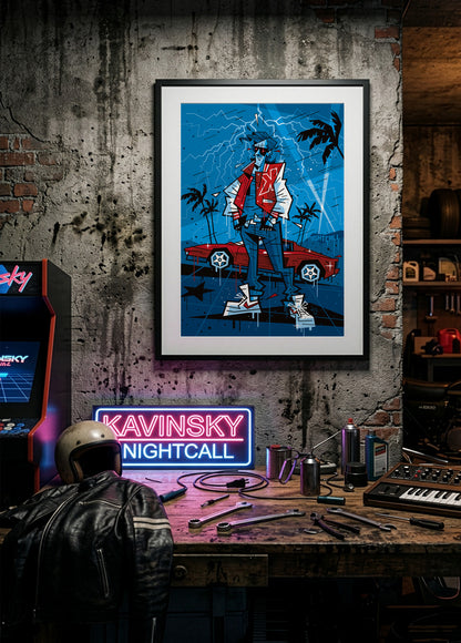 Kavinsky, illustration Nightcall, fine art print framed display — Eric Blanchot, 2026