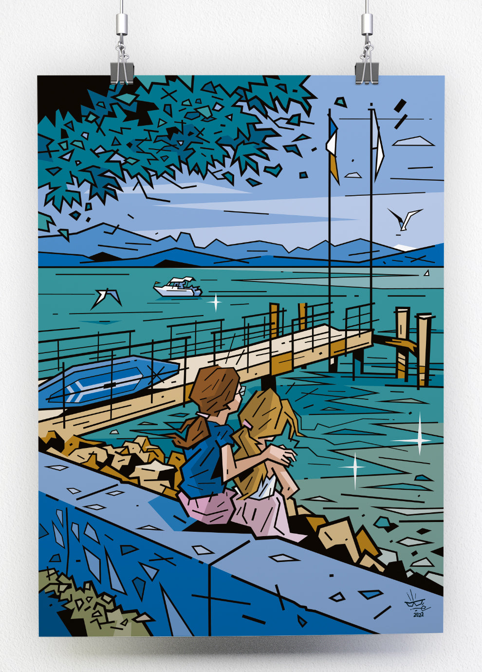 Le Léman, illustration Lake Geneva Évian-les-Bains alpine landscape, fine art print — Eric Blanchot, 2022