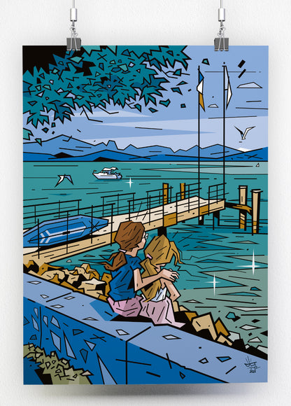 Le Léman, illustration Lake Geneva Évian-les-Bains alpine landscape, fine art print — Eric Blanchot, 2022