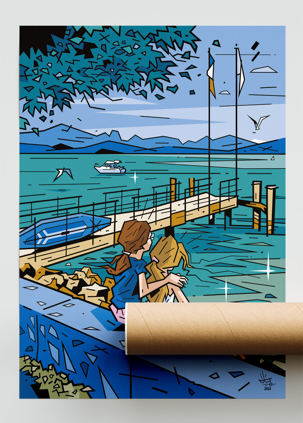Le Léman, illustration Lake Geneva Évian-les-Bains alpine landscape, fine art print — Eric Blanchot, 2022