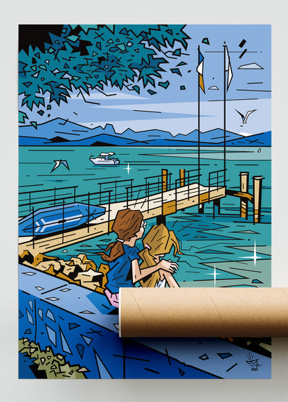 Le Léman, illustration Lake Geneva Évian-les-Bains alpine landscape, fine art print — Eric Blanchot, 2022