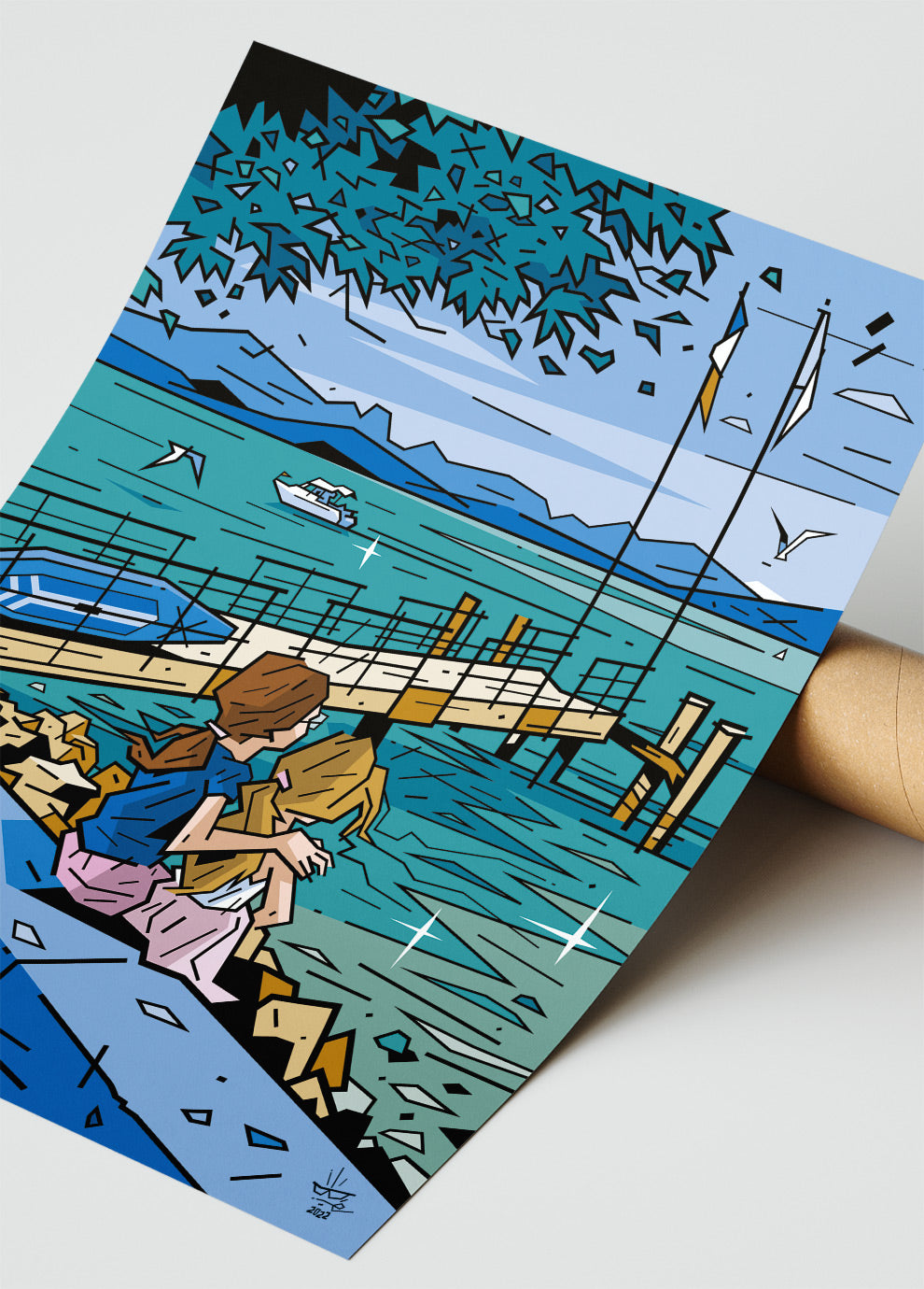 Le Léman, illustration Lake Geneva Évian-les-Bains alpine landscape, fine art print — Eric Blanchot, 2022
