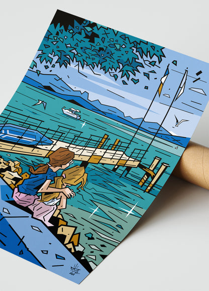 Le Léman, illustration Lake Geneva Évian-les-Bains alpine landscape, fine art print — Eric Blanchot, 2022