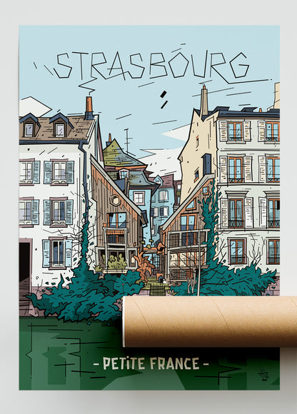 Petite France Strasbourg, illustration half-timbered quarter and canals, fine art print — Eric Blanchot, 2022