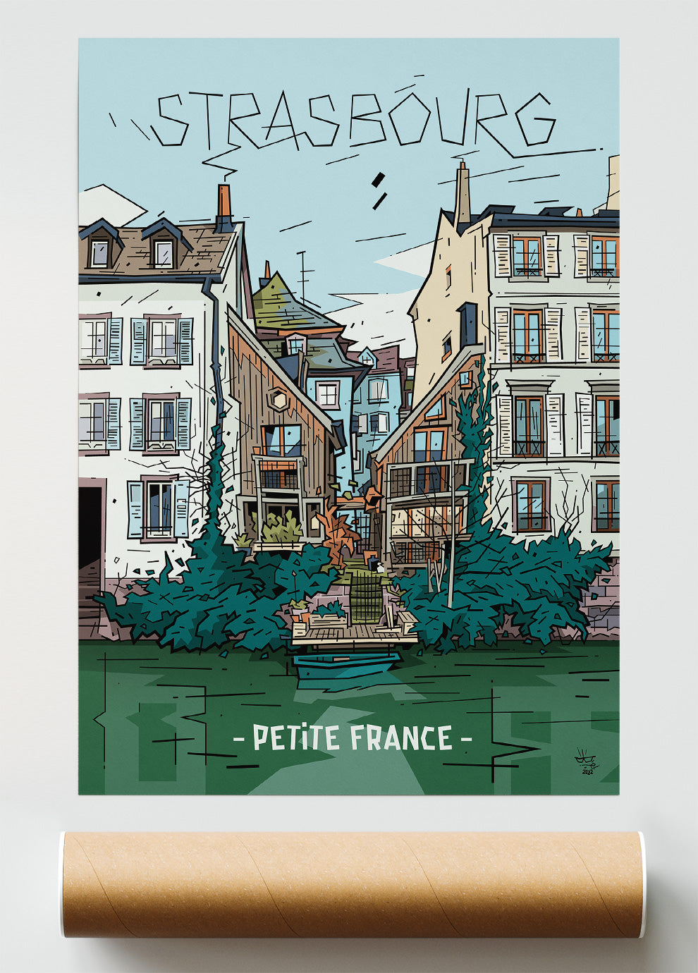 Petite France Strasbourg, illustration half-timbered quarter and canals, fine art print — Eric Blanchot, 2022
