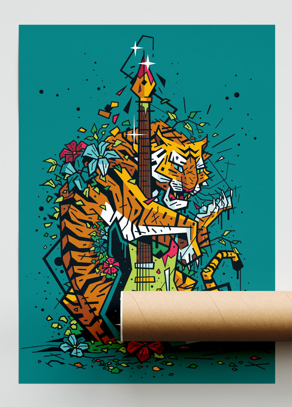 Tiger Line Art, illustration tiger electric guitar rock, fine art print — Eric Blanchot, 2024