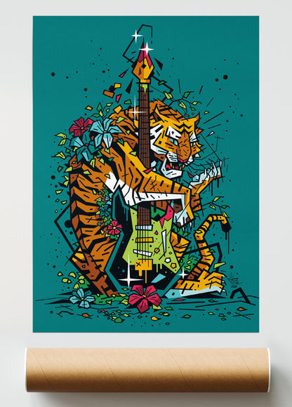 Tiger Line Art, illustration tiger electric guitar rock, fine art print — Eric Blanchot, 2024