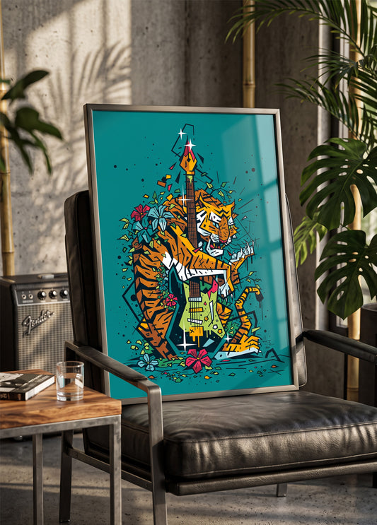 Tiger Line Art, illustration tiger electric guitar rock, fine art print framed display - Eric Blanchot, 2024