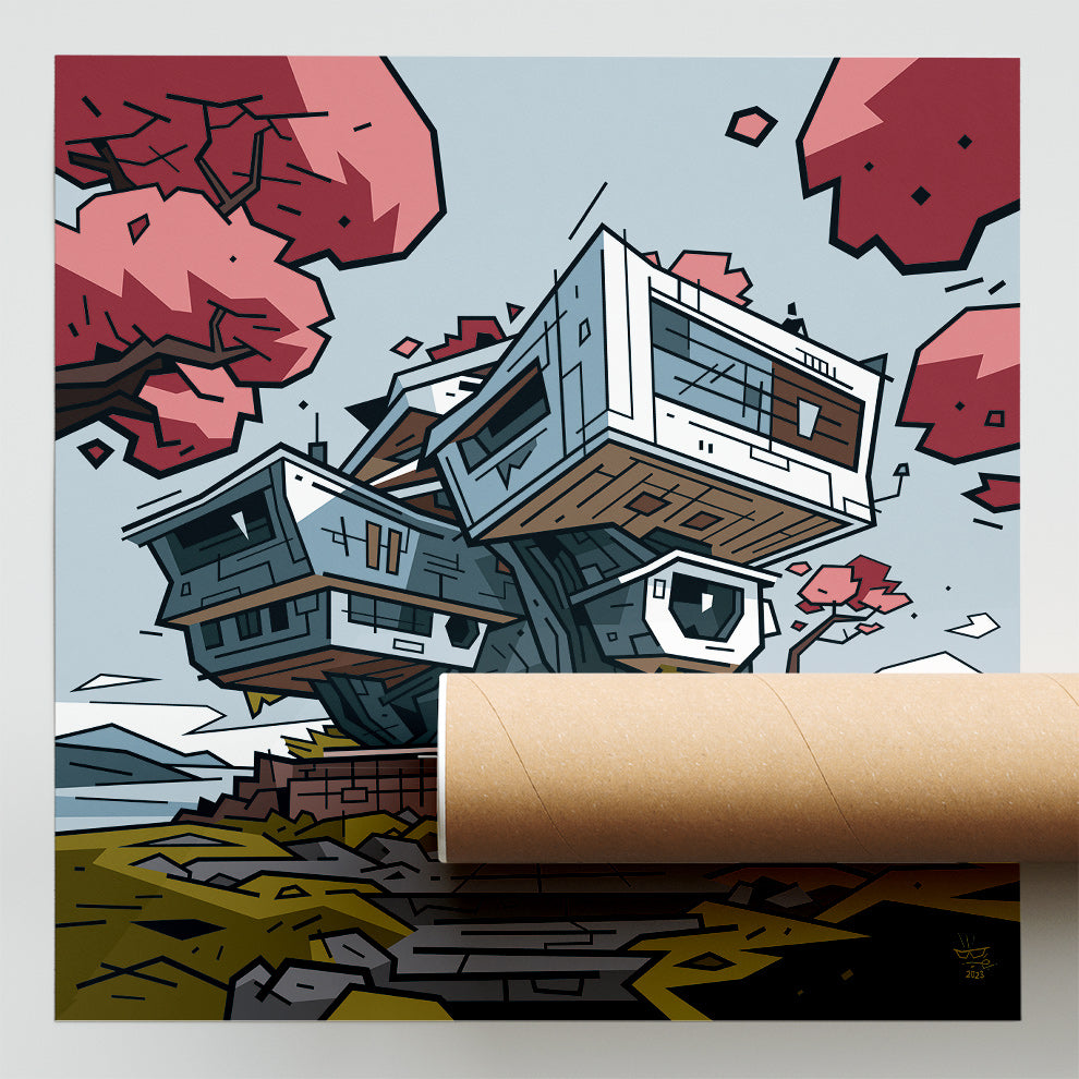 Villa Japonaise, illustration minimalist zen Japanese architecture, fine art print — Eric Blanchot, 2023