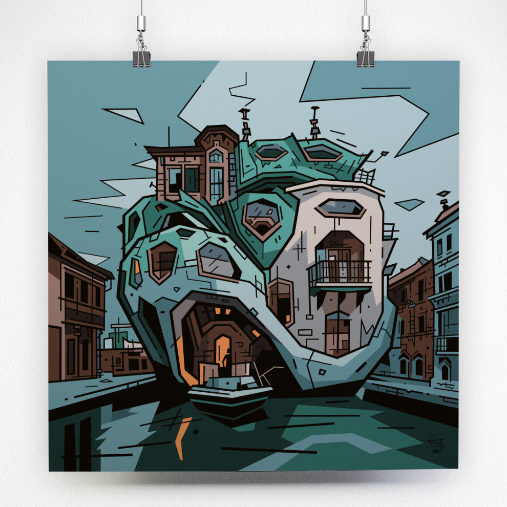 Villa Vénitienne, illustration futuristic Venetian architecture, fine art print — Eric Blanchot, 2023