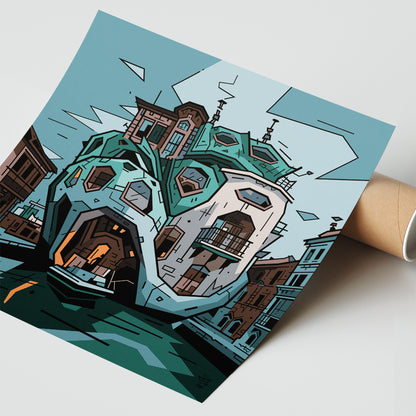 Villa Vénitienne, illustration futuristic Venetian architecture, fine art print — Eric Blanchot, 2023