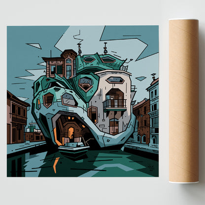 Villa Vénitienne, illustration futuristic Venetian architecture, fine art print — Eric Blanchot, 2023